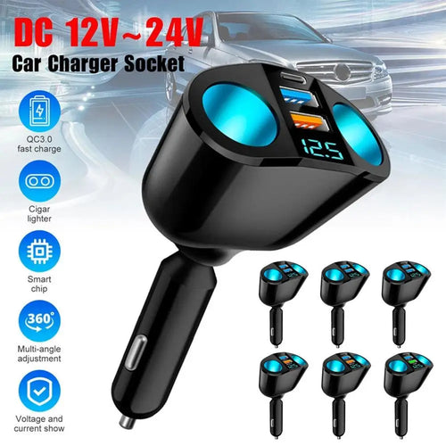 66W USB-C Fast Car Charger with Dual USB Ports & Digital Voltage Display